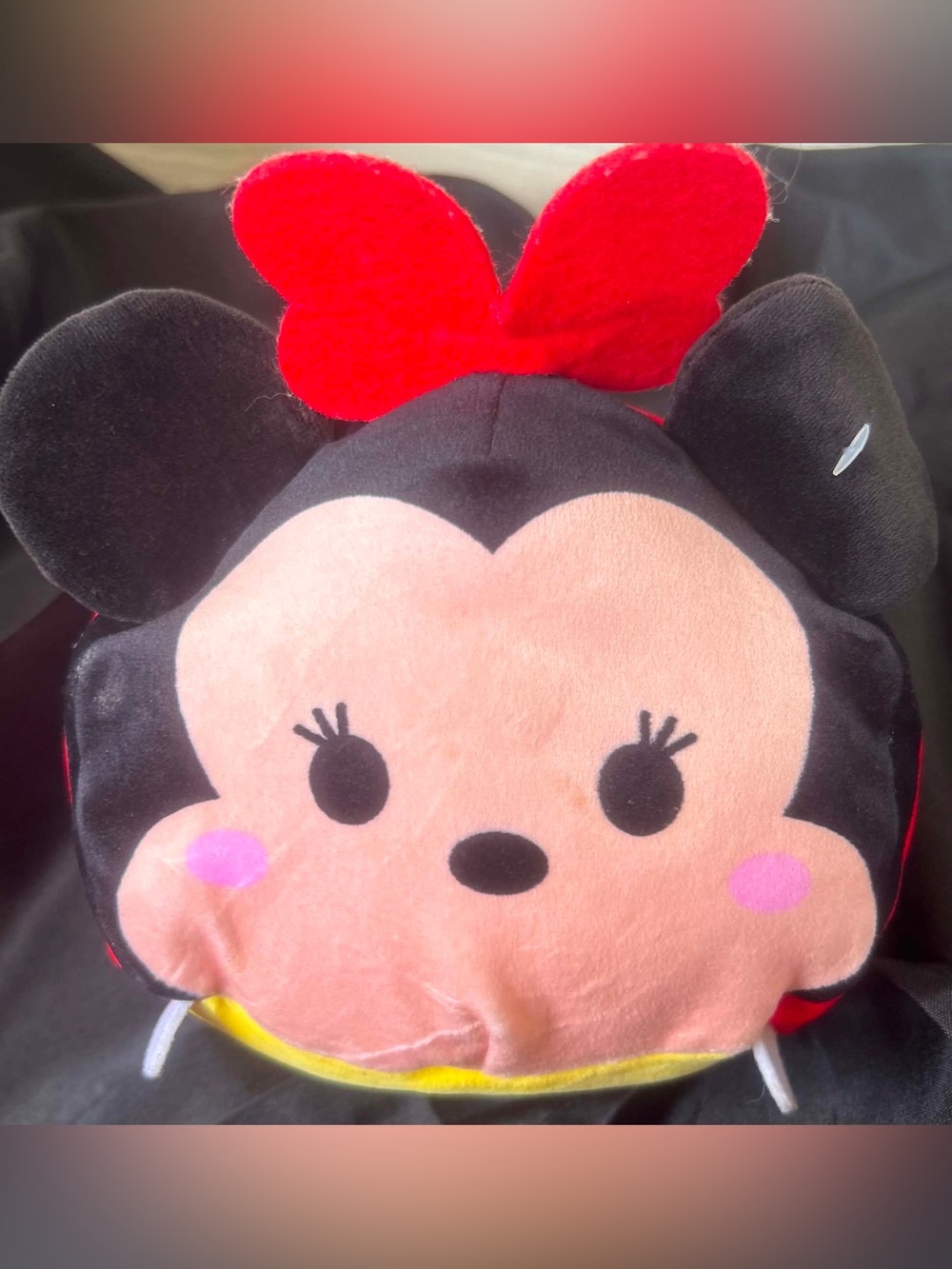 Plush Minnie-Style Pink and Black Character Pillow with Red Bow